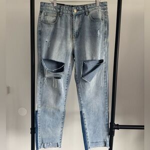 NASTY GAL Distressed Two-Tone Straight Leg Denim